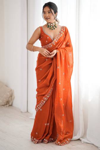 orange elegant heavy fendy art silk saree with thread & sequin embroidery