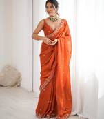 orange elegant heavy fendy art silk saree with thread & sequin embroidery