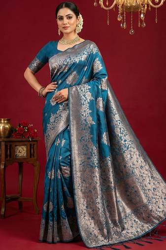 teal blue soft silk blend saree     elegant & comfortable