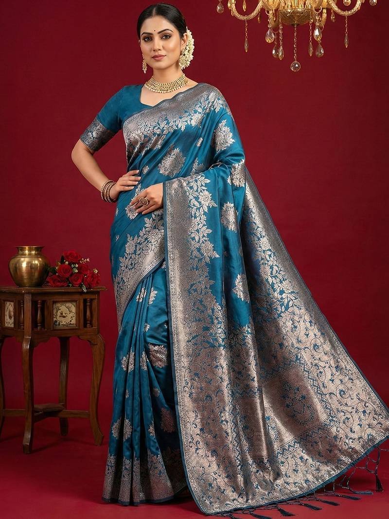 teal blue soft silk blend saree – elegant & comfortable