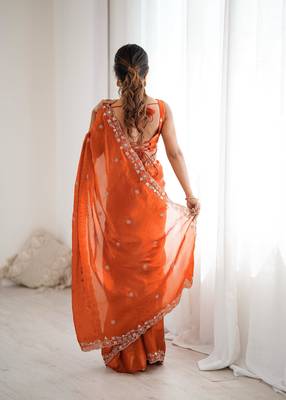 orange elegant fendy art silk blend saree with thread & sequin embroidery 2