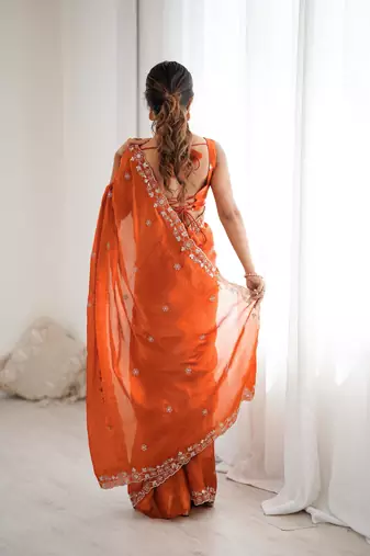 orange elegant fendy art silk blend saree with thread & sequin embroidery