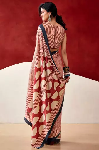 orange fancy printed dull satin saree with matching blouse