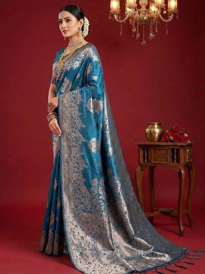 teal blue soft silk blend saree  elegant & comfortable 2