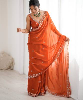 orange elegant fendy art silk blend saree with thread & sequin embroidery 3