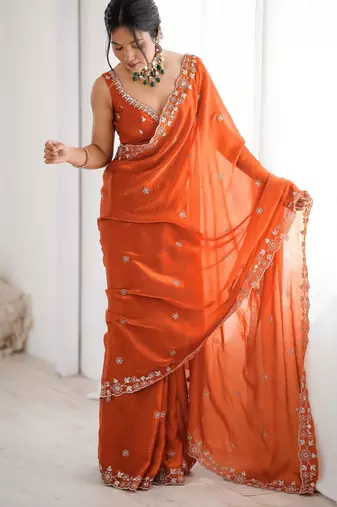 orange elegant fendy art silk blend saree with thread & sequin embroidery