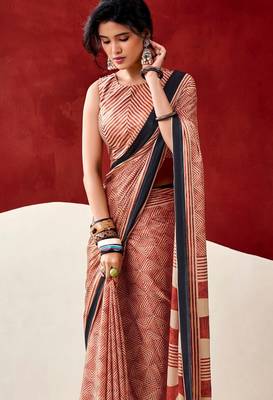 orange fancy printed dull satin saree with matching blouse 3