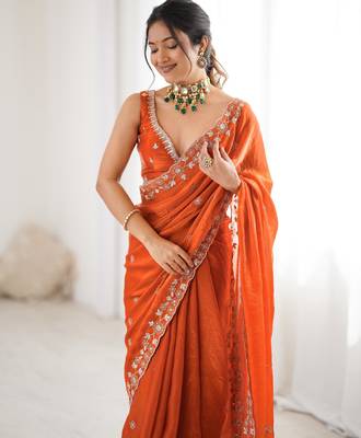 orange elegant fendy art silk blend saree with thread & sequin embroidery 4