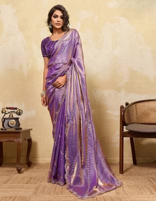 lavender metallic velvet satin saree with cutdana & sequin zari work 1