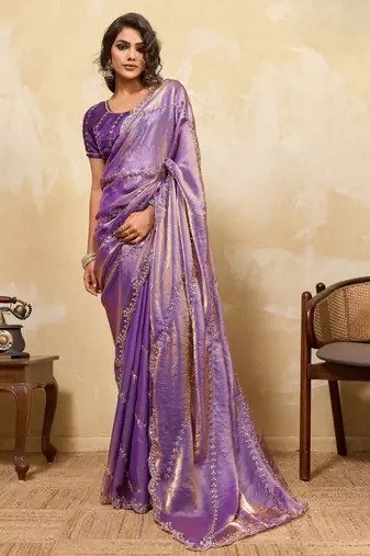 lavender designer metallic velvet satin saree with cutdana & sequin zari work