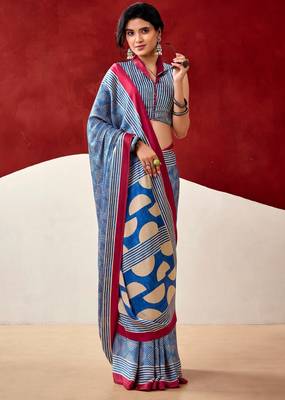 blue fancy printed dull satin saree with matching blouse 1