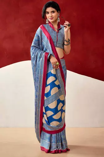 blue fancy printed dull satin saree with matching blouse