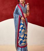 blue fancy printed dull satin saree with matching blouse