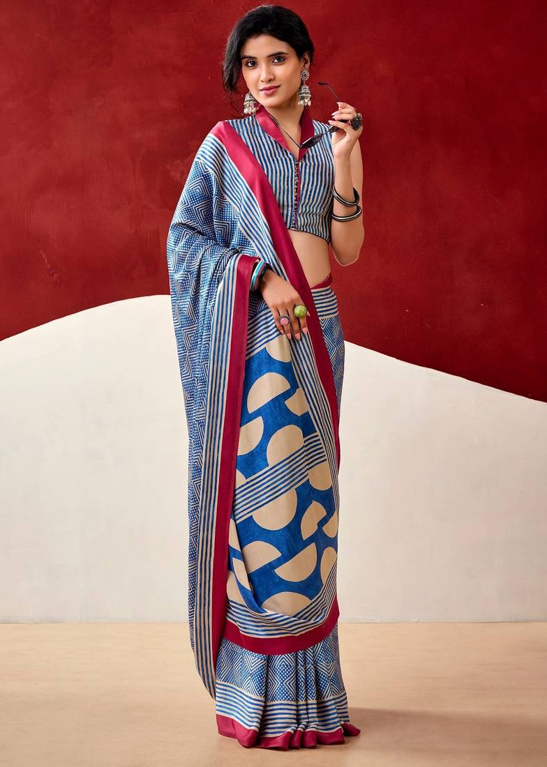 blue fancy printed dull satin saree with matching blouse
