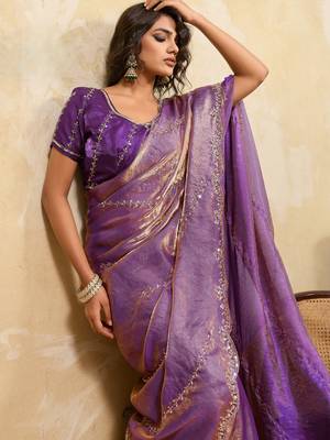 lavender metallic velvet satin saree with cutdana & sequin zari work 2