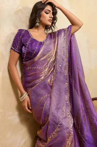 lavender metallic velvet satin saree with cutdana & sequin zari work