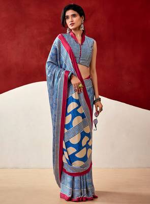 blue fancy printed dull satin saree with matching blouse 3