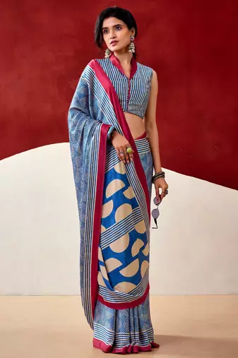 blue fancy printed dull satin saree with matching blouse