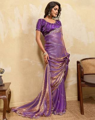 lavender metallic velvet satin saree with cutdana & sequin zari work 3