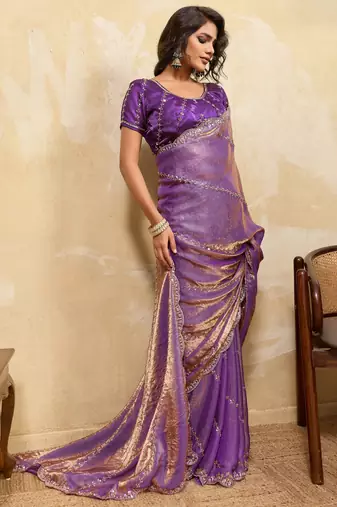 lavender metallic velvet satin saree with cutdana & sequin zari work