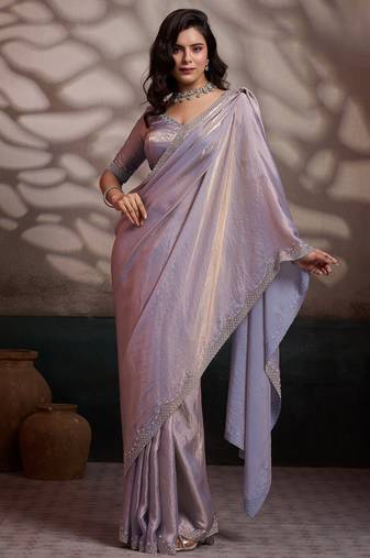 silver ultra-luxurious velvet satin saree with handcrafted cutdana & zarkan work