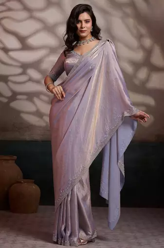 silver ultra-luxurious velvet satin saree with handcrafted cutdana & zarkan work