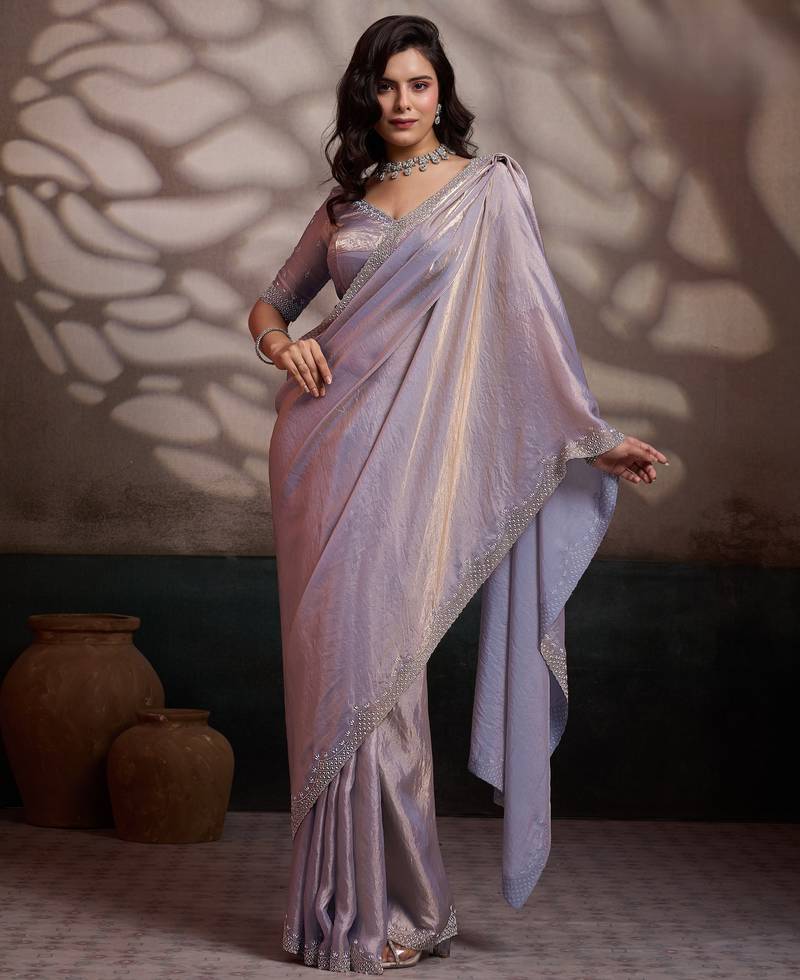 silver ultra-luxurious velvet satin saree with handcrafted cutdana & zarkan work