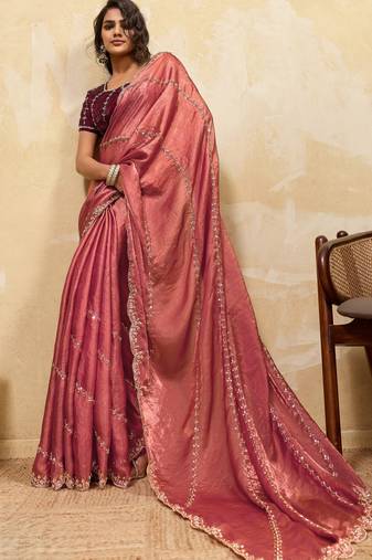 baby pink designer metallic velvet satin saree with cutdana & sequin zari work