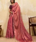 baby pink designer metallic velvet satin saree with cutdana & sequin zari work