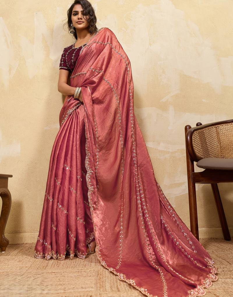 baby pink designer metallic velvet satin saree with cutdana & sequin zari work