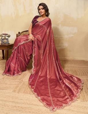 baby pink metallic velvet satin saree with cutdana & sequin zari work 2
