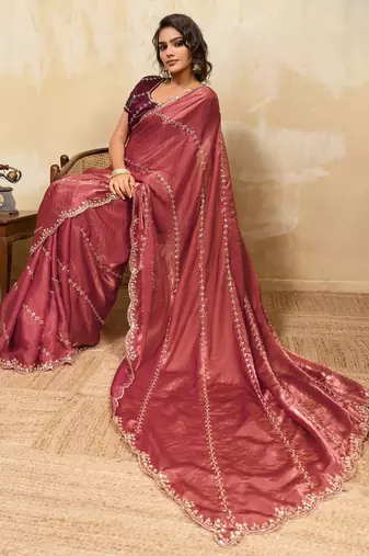 baby pink metallic velvet satin saree with cutdana & sequin zari work