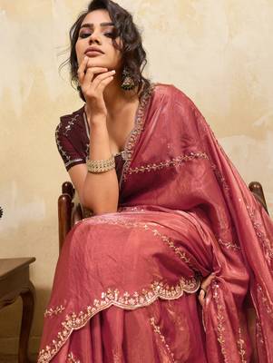 baby pink metallic velvet satin saree with cutdana & sequin zari work 3