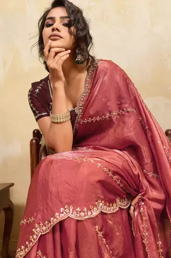 baby pink metallic velvet satin saree with cutdana & sequin zari work