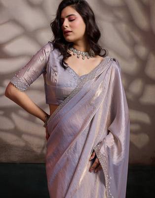 silver ultra-luxurious velvet satin saree with handcrafted cutdana & zarkan work 3