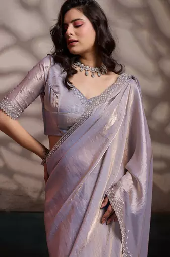 silver ultra-luxurious velvet satin saree with handcrafted cutdana & zarkan work