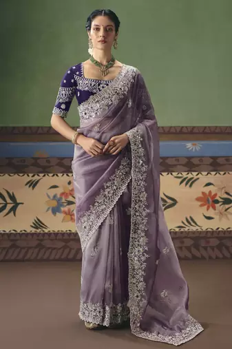 lavender elegant fancy saree with designer embroidery, sequins, stones & pearl work with matching blouse