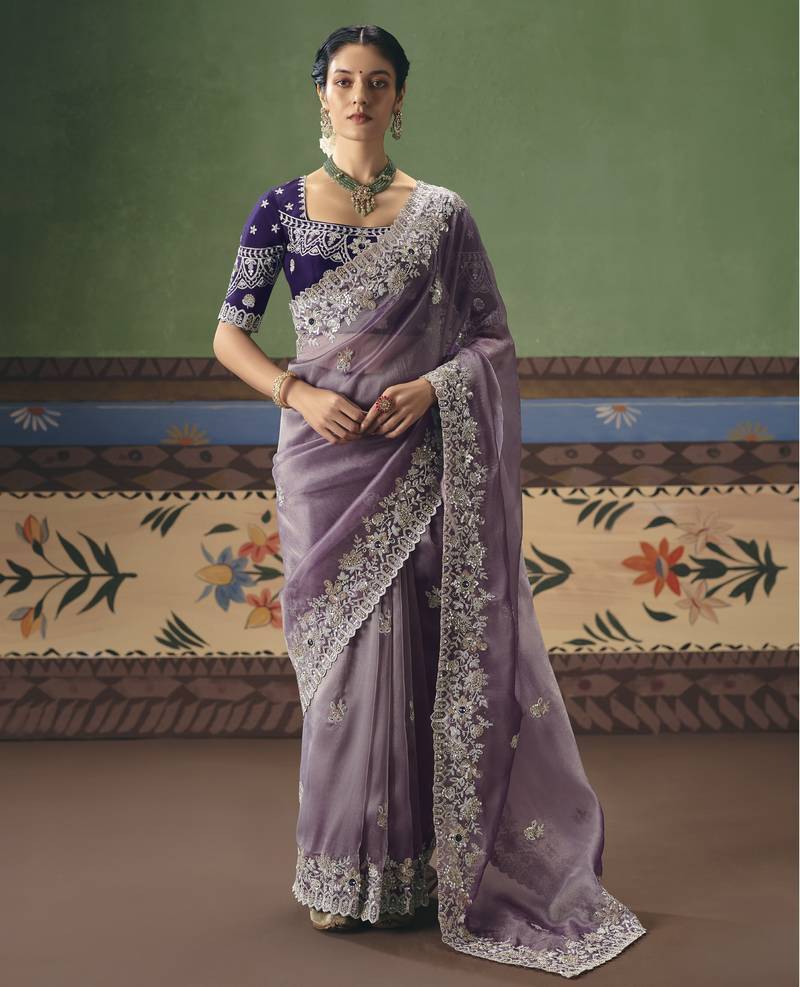 lavender elegant fancy saree with designer embroidery, sequins, stones & pearl work with matching blouse