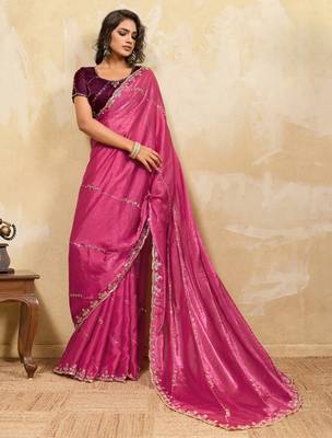pink metallic velvet satin saree with cutdana & sequin zari work 1