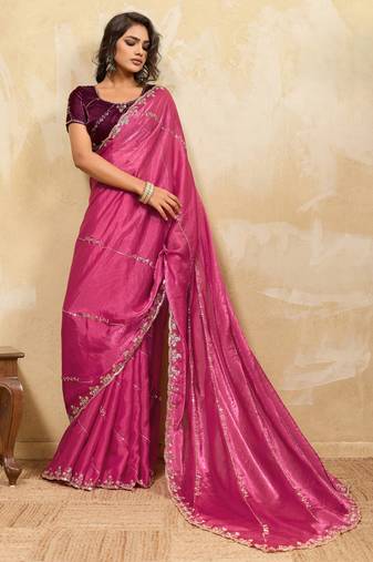 pink designer metallic velvet satin saree with cutdana & sequin zari work