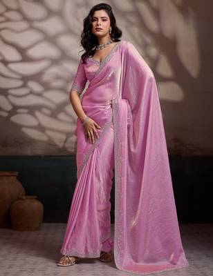 rose ultra-luxurious velvet satin saree with handcrafted cutdana & zarkan work 1