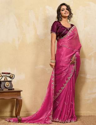 pink metallic velvet satin saree with cutdana & sequin zari work 2