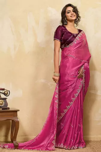 pink metallic velvet satin saree with cutdana & sequin zari work