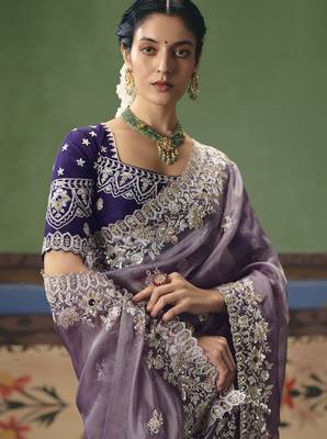 lavender elegant fancy saree with embroidery sequins stones & pearl work with matching blouse 3