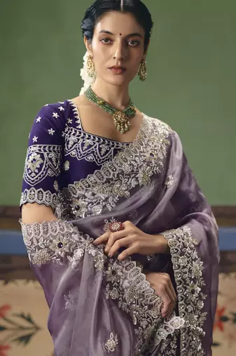 lavender elegant fancy saree with embroidery sequins stones & pearl work with matching blouse