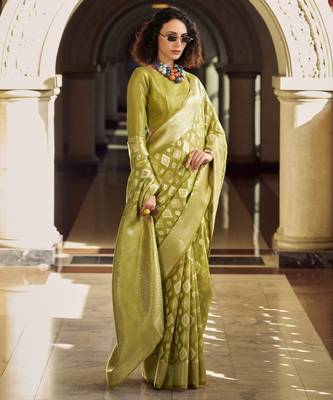 light green elegant tissue silk blend saree  lightweight & luxurious fabric 2