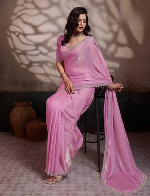 rose ultra-luxurious velvet satin saree with handcrafted cutdana & zarkan work 2