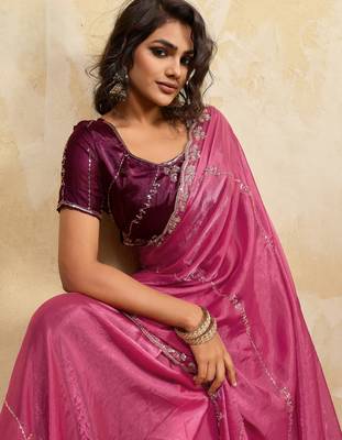 pink metallic velvet satin saree with cutdana & sequin zari work 3