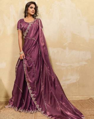 onion pink metallic velvet satin saree with cutdana & sequin zari work 1
