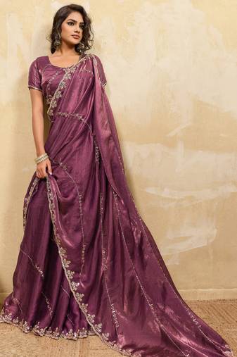 onion pink designer metallic velvet satin saree with cutdana & sequin zari work